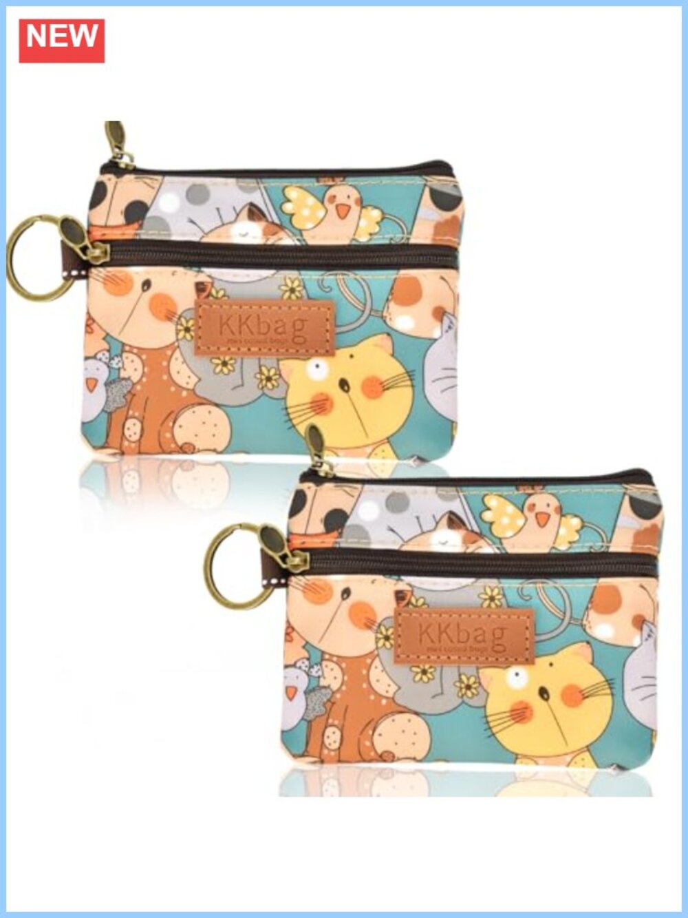2 Pack Coin Purse Waterproof Polyester Zip Change Pouch Keyring